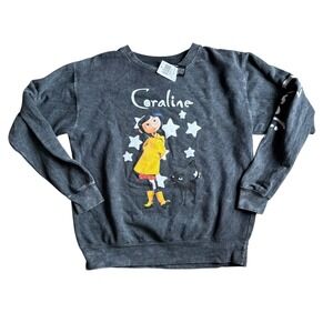 Laika Coraline Sweatshirt Women Small Charcoal Acid Wash Graphic Pullover New